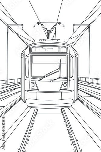 Front view line art drawing of a modern tram traveling on tracks across a bridge with overhead electric cables