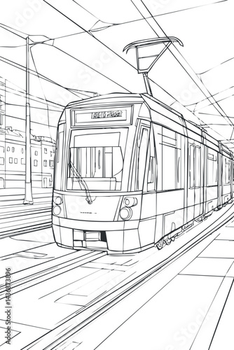Black and white line drawing of a modern tram on city street tracks with overhead electric wires