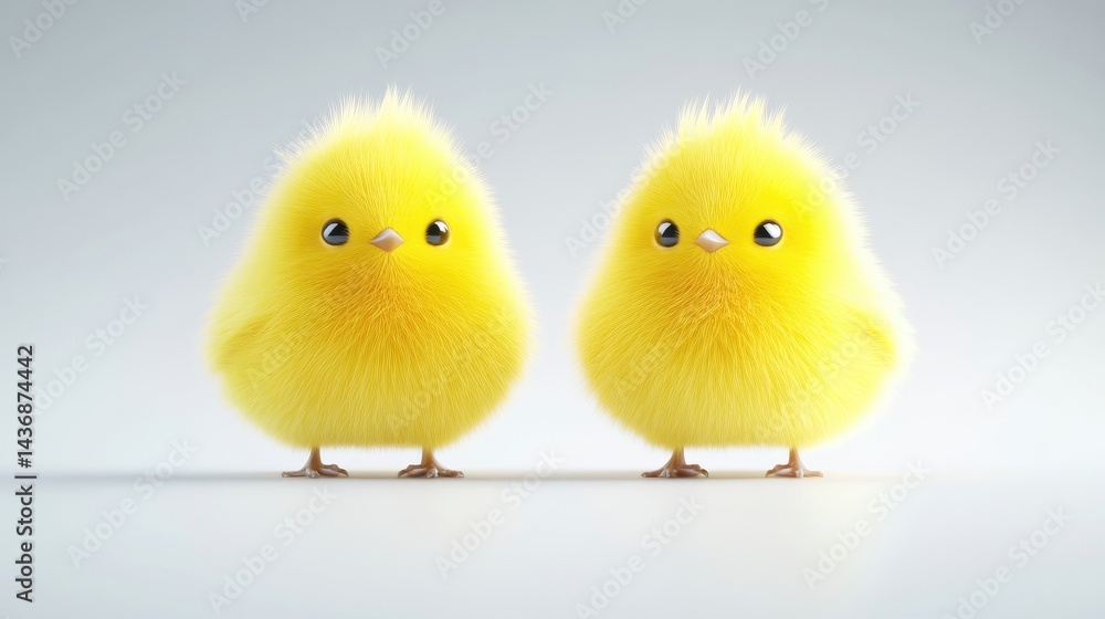 Two Fluffy Chicks Soft Style High-Resolution Front View Adorable Baby Birds Facing Forward Neutral Background Sunny Yellow Tones Ideal for Spring Cards Two Fluffy Chicks Soft Style High-Resolution Front View Adorable Baby Birds Facing Forward Neutral Background Sunny Yellow Tones Ideal for Spring Cards