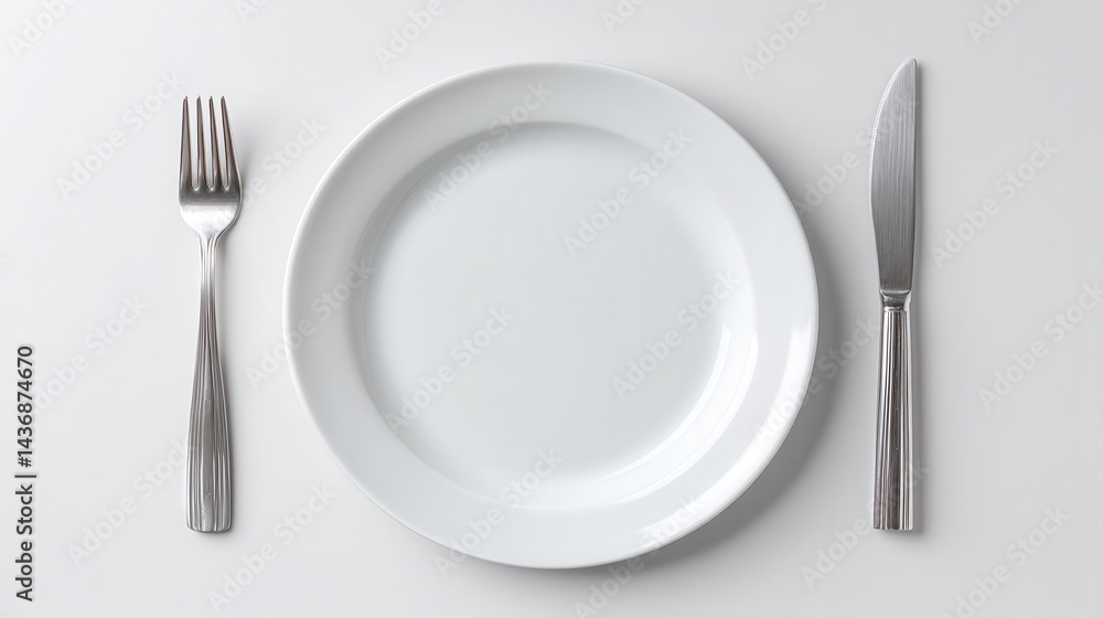 White ceramic plate viewed from above with fork and knife beside it, isolated on white background, copy space, High quality, +. White ceramic plate viewed from above with fork and knife beside it, isolated on white background, copy space, High quality, +.