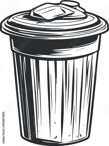 Black and white illustration of a closed trash bin with a lid, used for waste disposal and garbage collection.