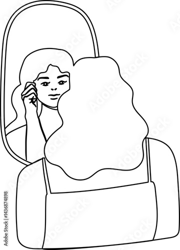 Young woman looking at her own reflection with a joyful expression Illustration