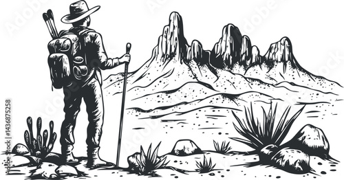 Black and white illustration of a hiker with backpack and walking stick looking at a rugged mountain range in a desert landscape.