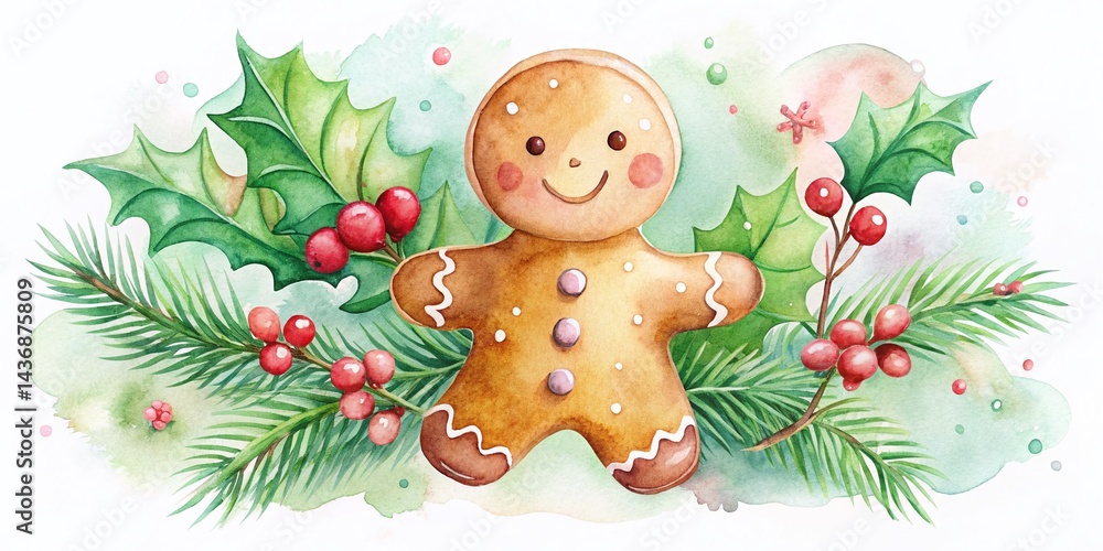 Fototapeta premium Cute Watercolor Gingerbread Man Christmas Illustration with Holly & Spruce