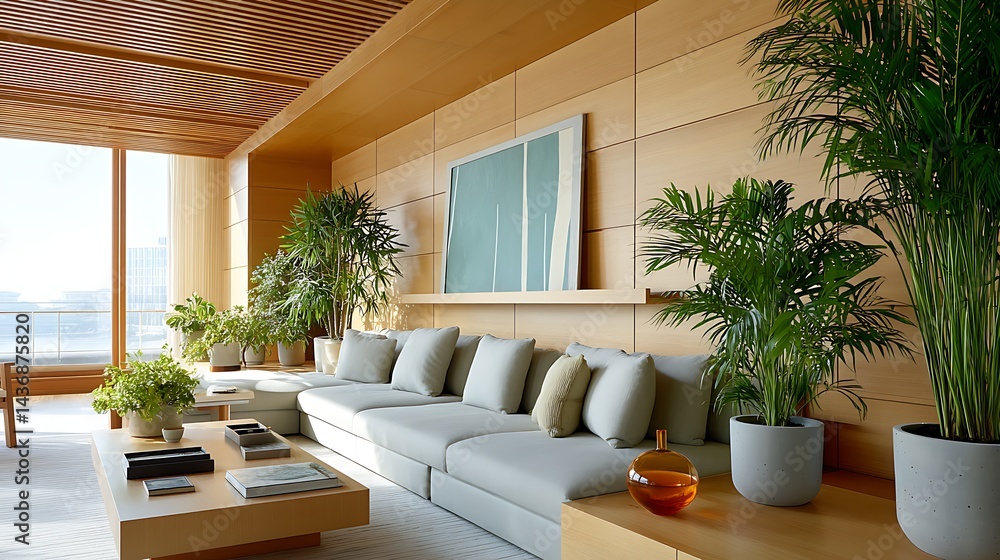 Fototapeta premium Modern Living Room Interior Design Light Sofa Wood Walls Large Plants and City View