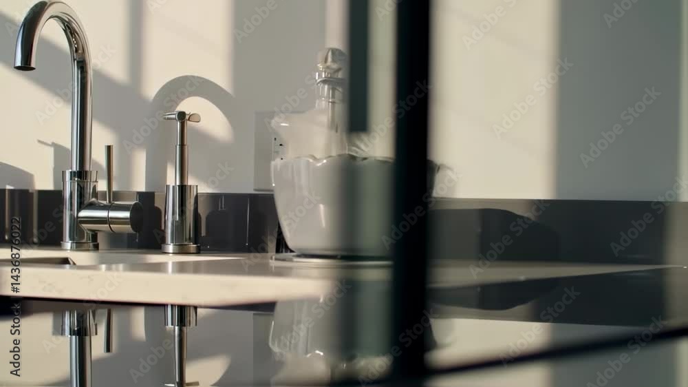 Shiny faucet and a decorative bowl on a marble countertop in a bright bathroom setting with sunlight Shiny faucet and a decorative bowl on a marble countertop in a bright bathroom setting with sunlight