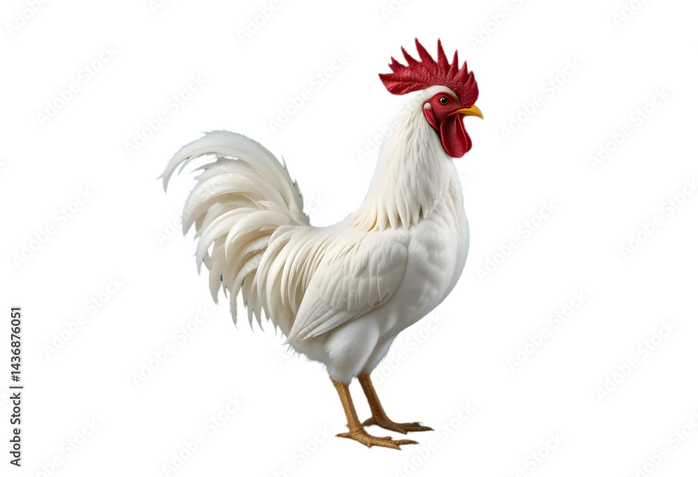 Fototapeta premium Majestic White Rooster Isolated on White for Poultry and Farm Animal Concepts: Proud Profile of a White Cock Imagery: Rooster, White, Isolated, Poultry, Farm, Animal, Cock, Bird, Crest, Wattles