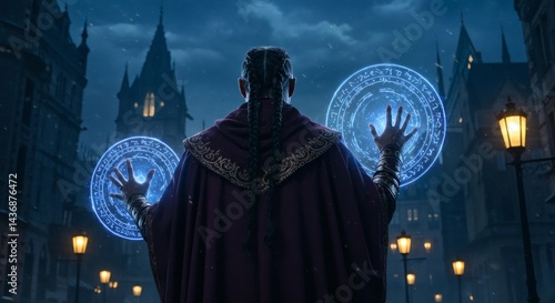 back view of a Powerful sorcerer in Dark Cityscape at Night
