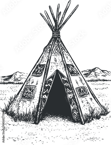 Black and white illustration of a traditional native teepee tent set in a grassy wilderness landscape with mountains.