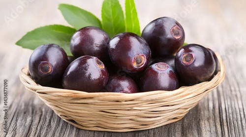 Wallpaper Mural Ripe dark purple acai berries with fresh green leaves generously filling a small woven wicker basket placed upon a rustic textured wooden table surface Torontodigital.ca