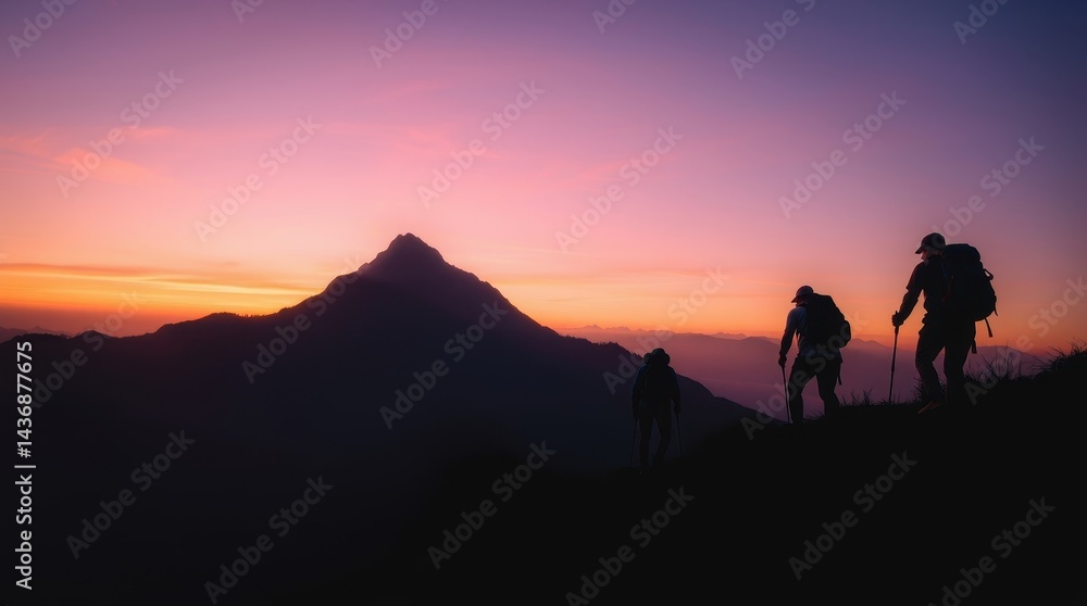 Silhouettes of Hikers Climbing Mountain at Colorful Sunset Silhouettes of Hikers Climbing Mountain at Colorful Sunset