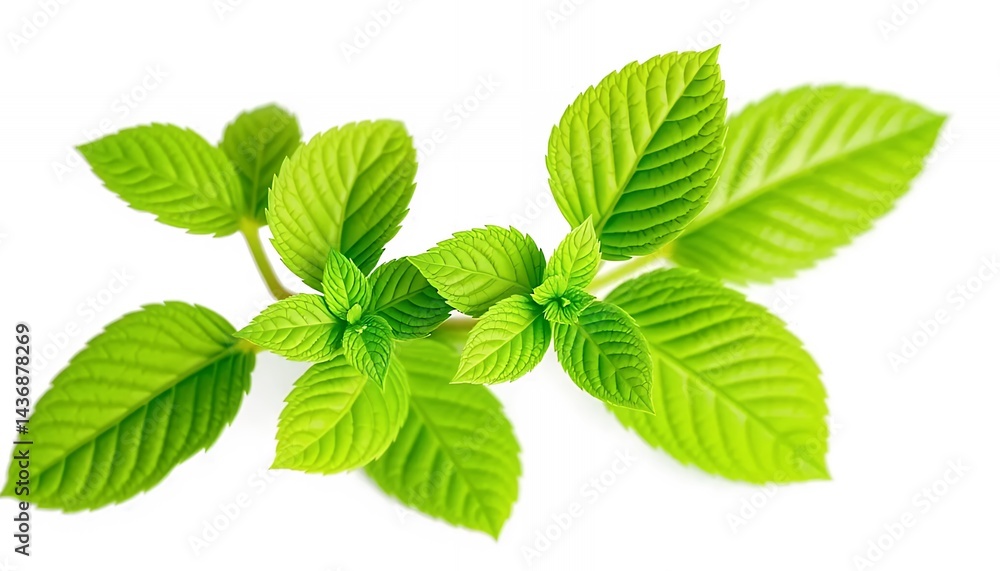 Fototapeta premium Vibrant Green Mint Sprigs Isolated on White Screen Background Fresh Herb Culinary Ingredient Studio Shot Natural Aromatics