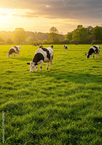 Cows Grazing in a Lush Green Meadow at Sunset