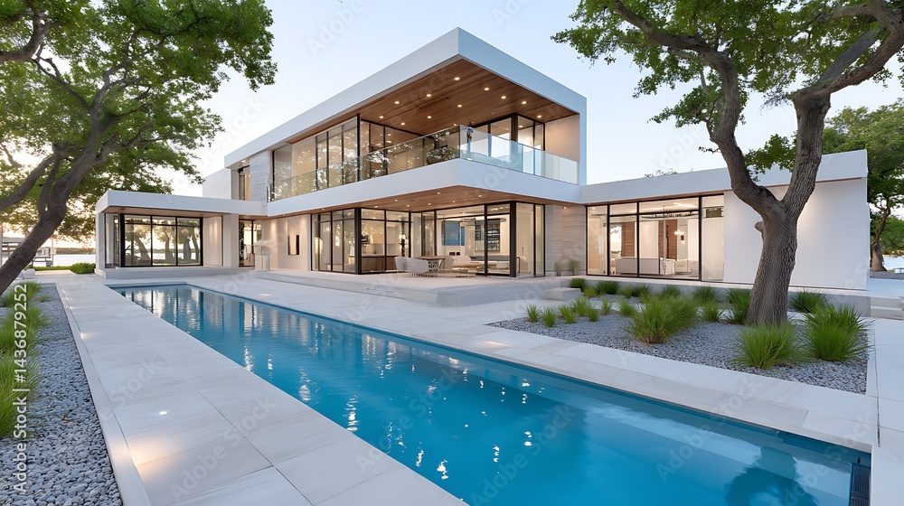 Fototapeta premium Modern Luxury Waterfront Home with Infinity Pool and Expansive Glass Windows