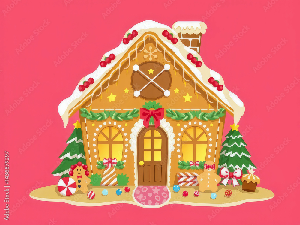 A gingerbread house with a red background. The house is decorated with Christmas trees and other decorations