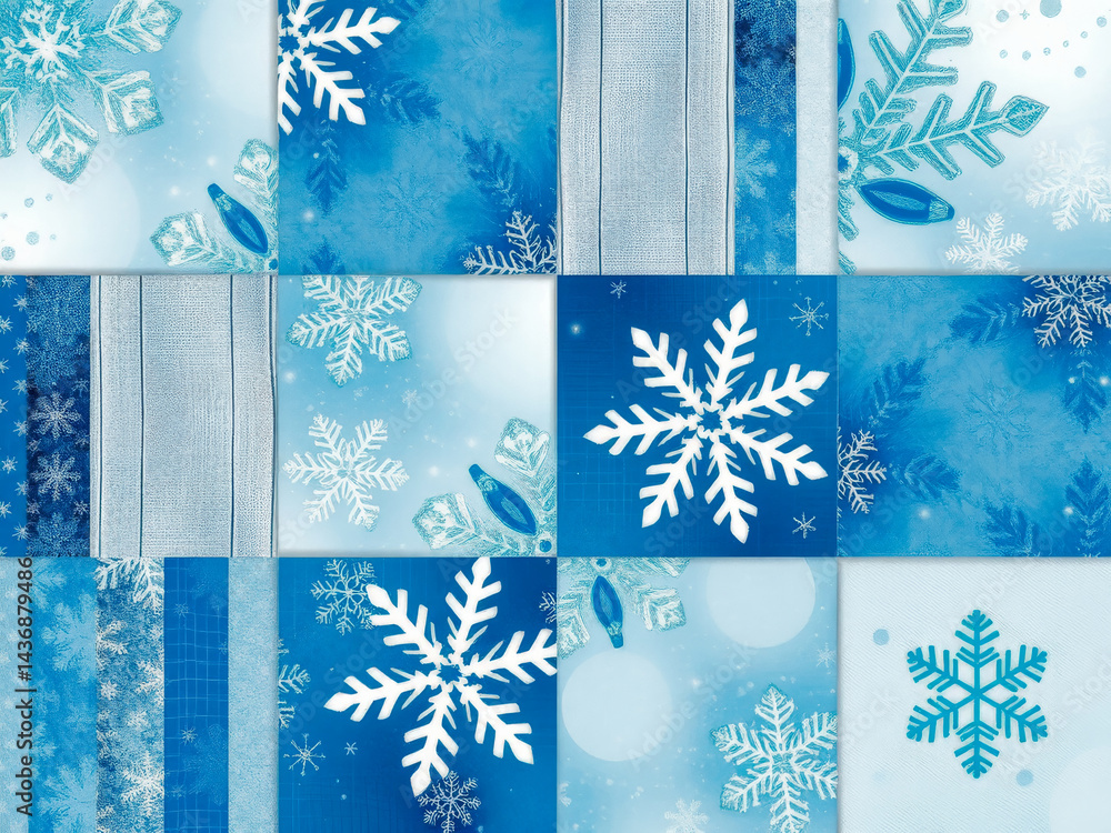 A blue and white collage of snowflakes and a ribbon. The snowflakes are scattered throughout the image, with some larger and some smaller. The ribbon is in the upper left corner of the image