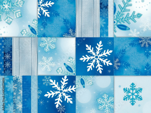 Obraz na płótnie A blue and white collage of snowflakes and a ribbon. The snowflakes are scattered throughout the image, with some larger and some smaller. The ribbon is in the upper left corner of the image w salonie