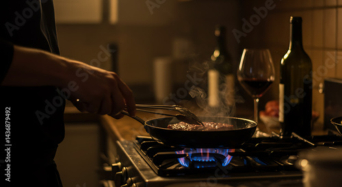 Romantic Dinner Cooking Sizzling Steak and Red Wine Night