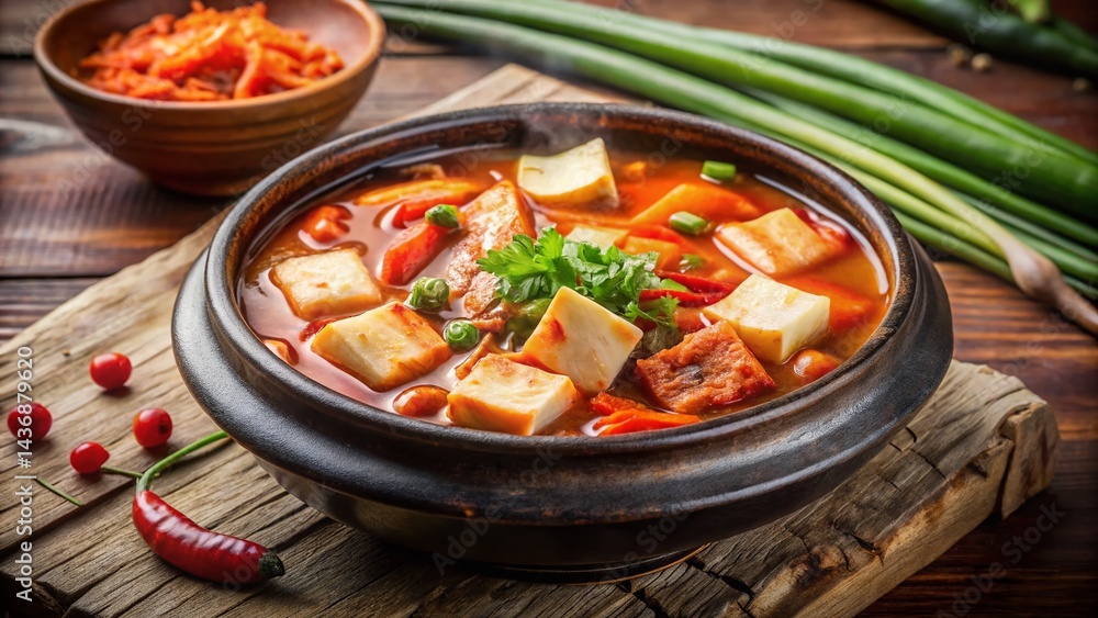 Delicious Spicy Korean Kimchi Stew with Tofu and Vegetables in a Stone Bowl Delicious Spicy Korean Kimchi Stew with Tofu and Vegetables in a Stone Bowl