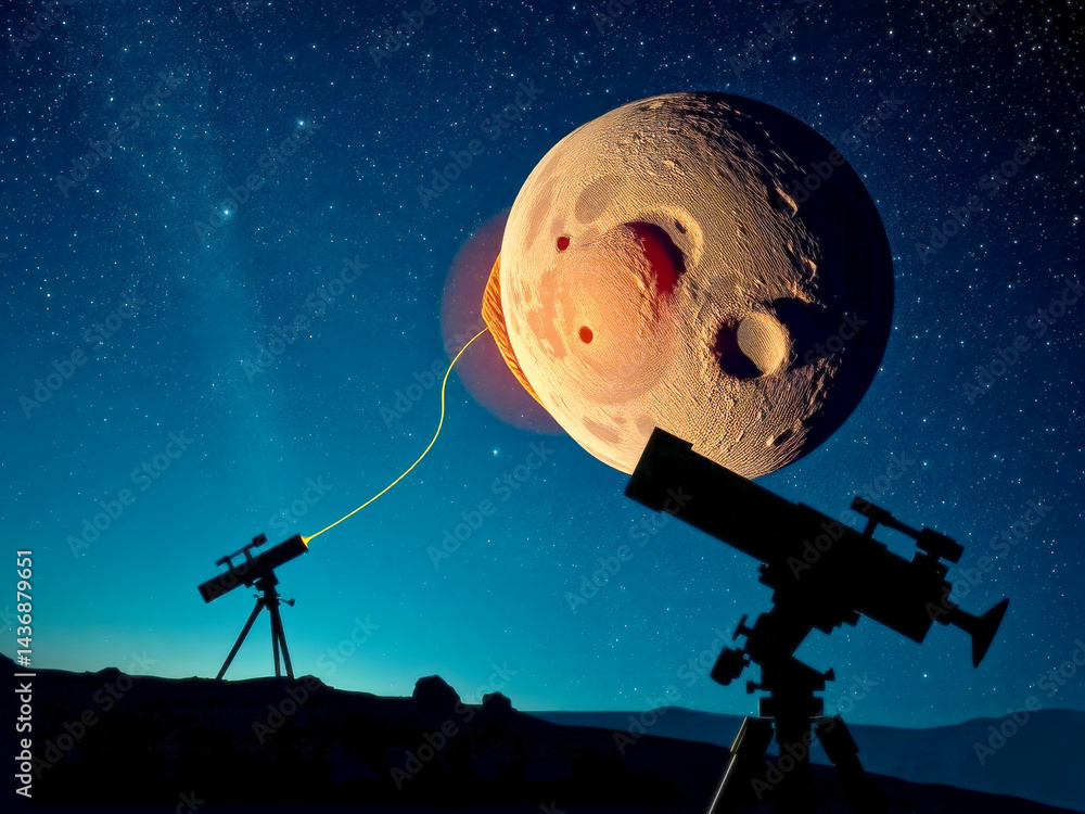 A pair of telescopes are pointed at a large, glowing object in the sky. The scene is set against a backdrop of stars and a moon. Scene is one of wonder and curiosity