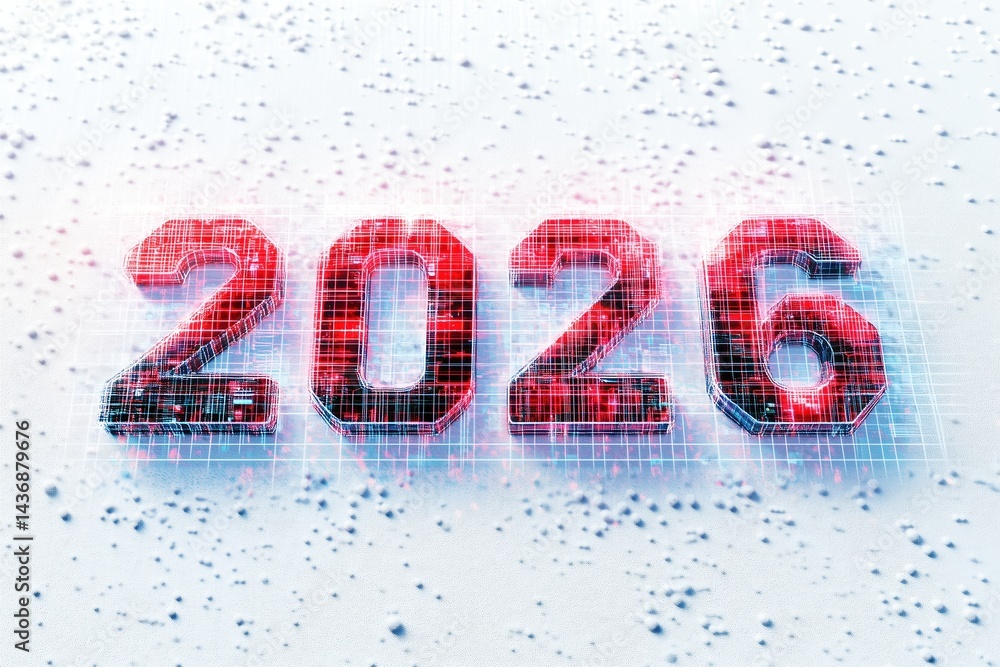Digital render of the year 2026 with vibrant colors and a futuristic design Digital render of the year 2026 with vibrant colors and a futuristic design