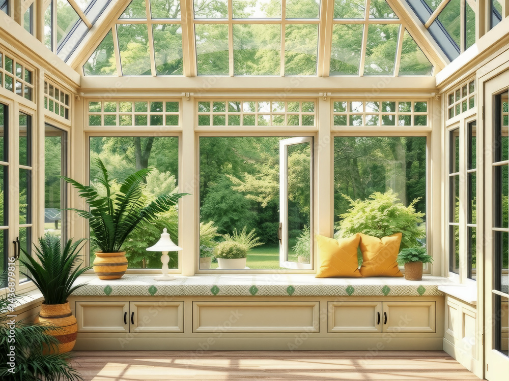 A large window in a room with a view of a lush green field. The room is filled with plants and has a comfortable seating area with pillows