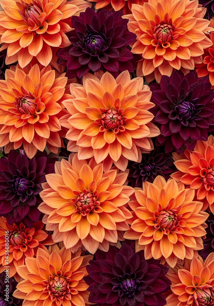 Dahlia Flowers in Orange and Dark Red Blooming in Full Frame Dahlia Flowers in Orange and Dark Red Blooming in Full Frame