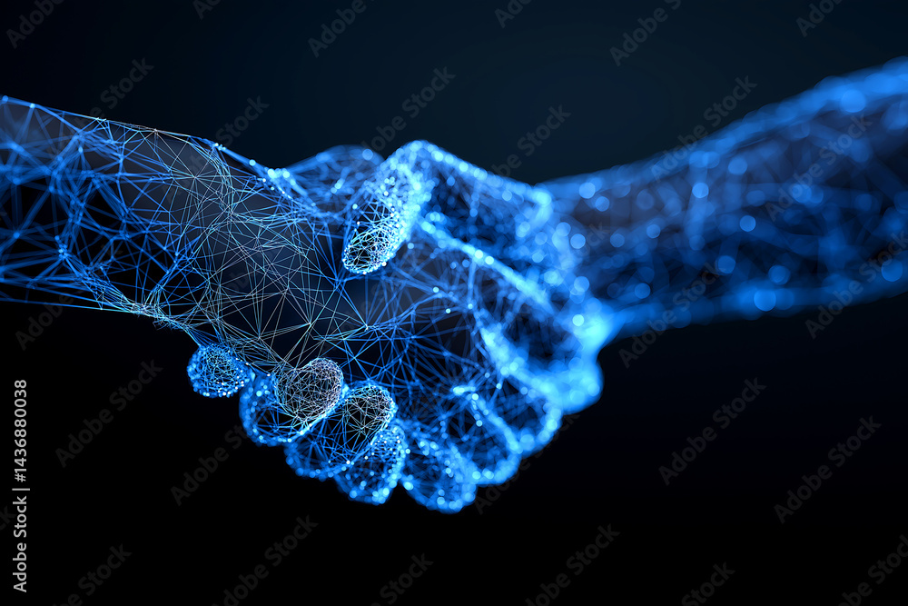 Digital handshake in the form of a polygonal blue wireframe icon on a dark background. This concept represents technology, digitalization, and online business with virtual handshakes. Digital handshake in the form of a polygonal blue wireframe icon on a dark background. This concept represents technology, digitalization, and online business with virtual handshakes.