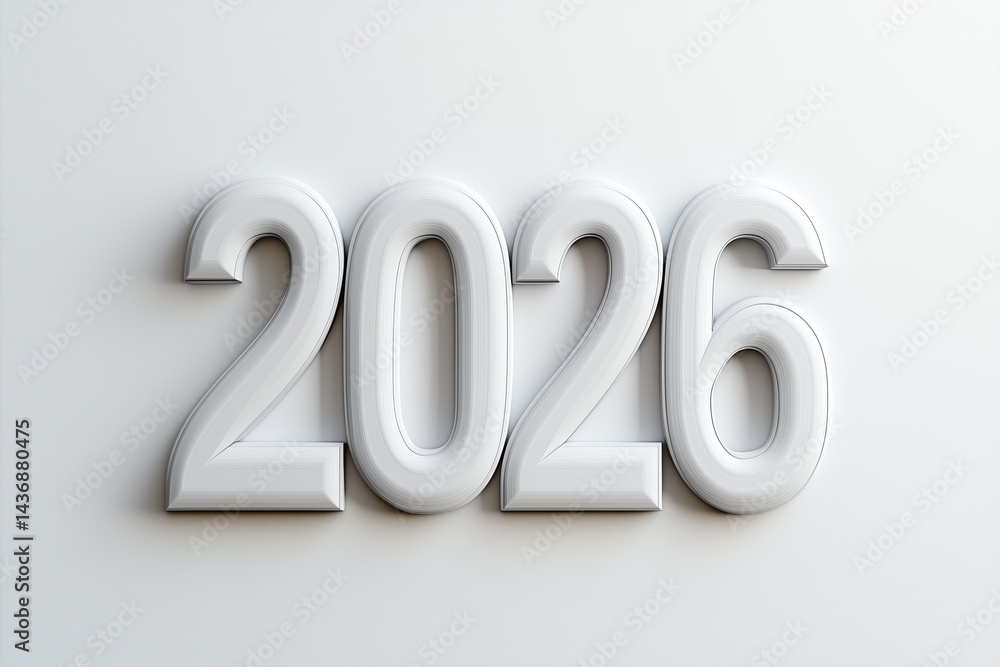 Dynamic render of the year 2026 in white bold text on a light background