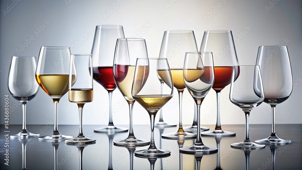 Diverse Wine Glass Collection: Elegant Stemware on White Background Diverse Wine Glass Collection: Elegant Stemware on White Background