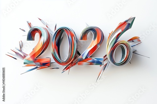 Dynamic render of 2026 created with colorful paper elements and bold design
