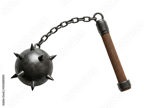 Studio photo of a medieval morning star flail with iron spiked ball, long chain and dark wooden handle, side view, centered on transparent background ,PNG.