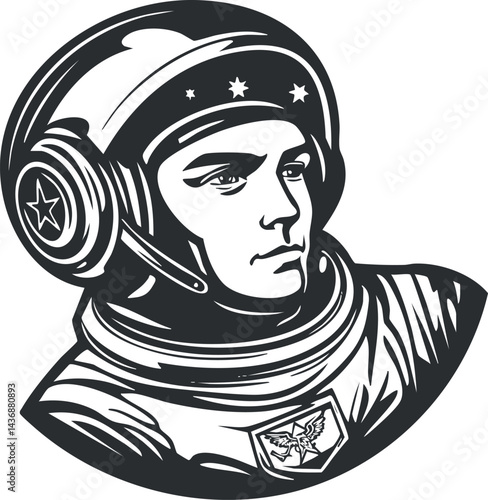 Black and white vector illustration of a male astronaut wearing a detailed space helmet and suit looking determined