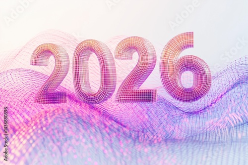 Dynamic rendering of the year 2026 with colorful wave patterns and text effects