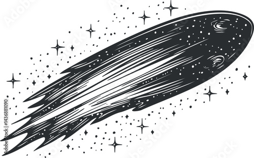 Black and white illustration of a comet with a bright trail and stars in outer space