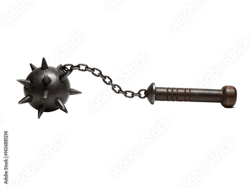 Studio photo of a medieval morning star flail with iron spiked ball, short chain and dark wooden handle, side view, centered on transparent background ,PNG.