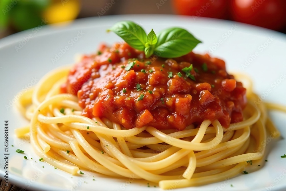 Close-up of spaghetti with tomato sauce on white , red, culinary Close-up of spaghetti with tomato sauce on white , red, culinary