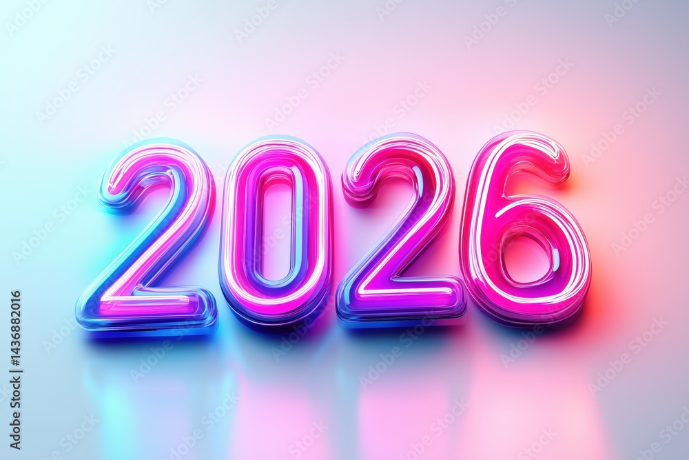 Dynamic neon numbers representing the year 2026 with colorful lighting effects