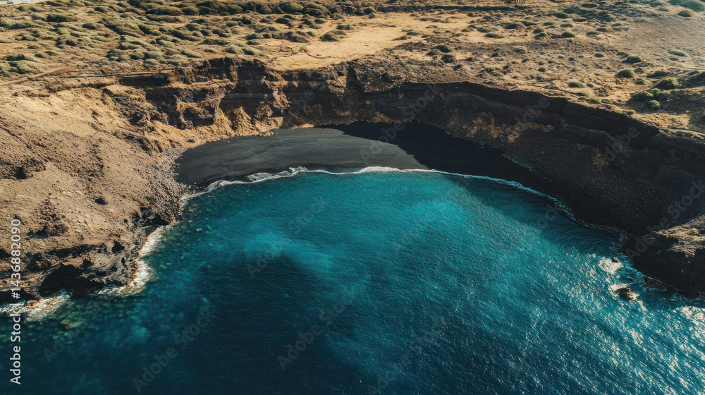 Obraz premium Black Sand Beach Cove: Aerial view captures the striking contrast between the black sands of a hidden cove and the sparkling turquoise ocean, revealing the raw beauty of nature.