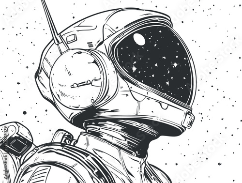 Black and white illustration of an astronaut in a detailed spacesuit helmet with a starry space background