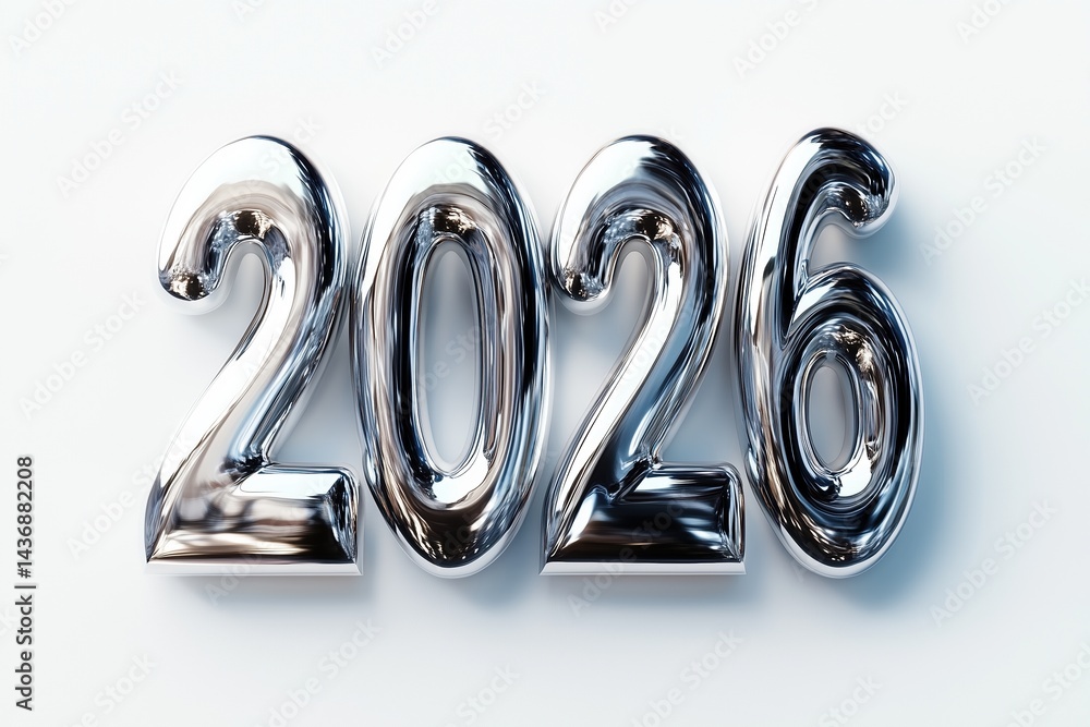 Dynamic 2026 text render with metallic finish showcasing modern design