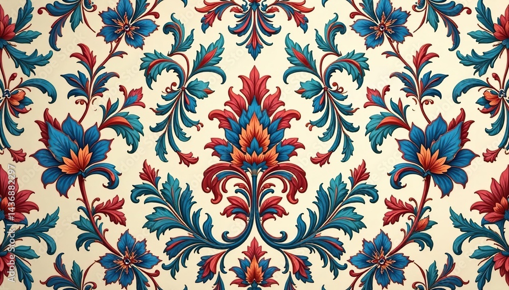Elegant floral damask pattern, intricate swirls and leaves , decorative, fabric, motif Elegant floral damask pattern, intricate swirls and leaves , decorative, fabric, motif