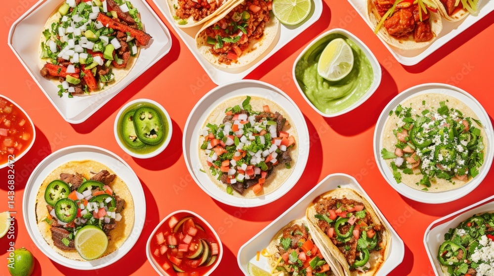 Overhead flat lay of various tacos with different fillings, salsa, guacamole, and lime wedges on a vibrant orange background. Festive Mexican food spread Overhead flat lay of various tacos with different fillings, salsa, guacamole, and lime wedges on a vibrant orange background. Festive Mexican food spread