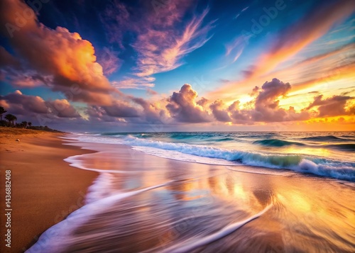 Dreamy Beach Motion Blur, Twilight Coastal Scene, Ocean Waves, Golden Hour, Sandy Shore