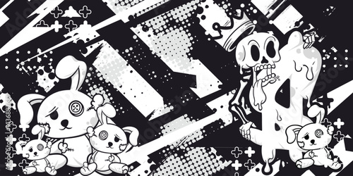 Black and white abstract racing background with stuffed rabbit and skull objects