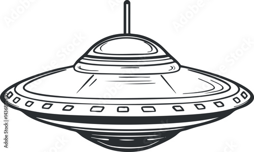 Black and white line drawing of a classic flying saucer UFO with a dome and antenna hovering in space