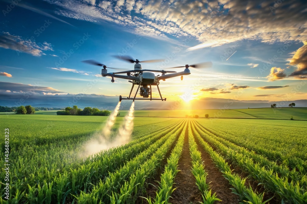 Drone Crop Spraying: Aerial View of Agricultural Technology in Lush Green Field Drone Crop Spraying: Aerial View of Agricultural Technology in Lush Green Field