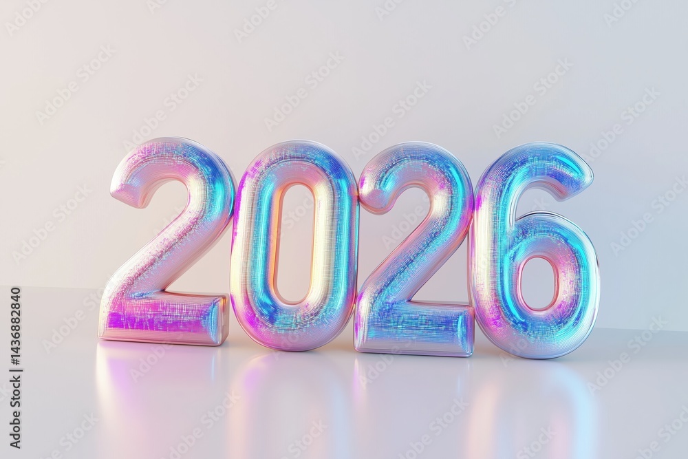 Colorful 2026 number render showcasing vibrant reflections and smooth textures