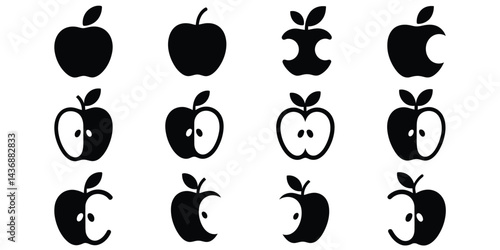 Minimalist Black Apple Icons Collection - Abstract Fruit Silhouettes and Cut Designs