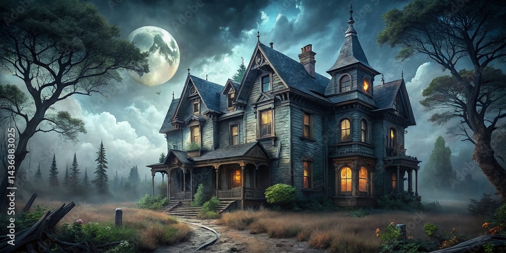 Fototapeta premium Drone View of Creepy Abandoned House at Dusk - Spooky Halloween Mansion